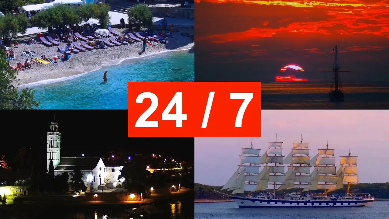 Live view of Hvar Town and sea front beach Live Webcam, Croatia Hvar Town and sea front beach Live Webcam, Croatia, Split-Dalmatia live camera view on VolveVision
